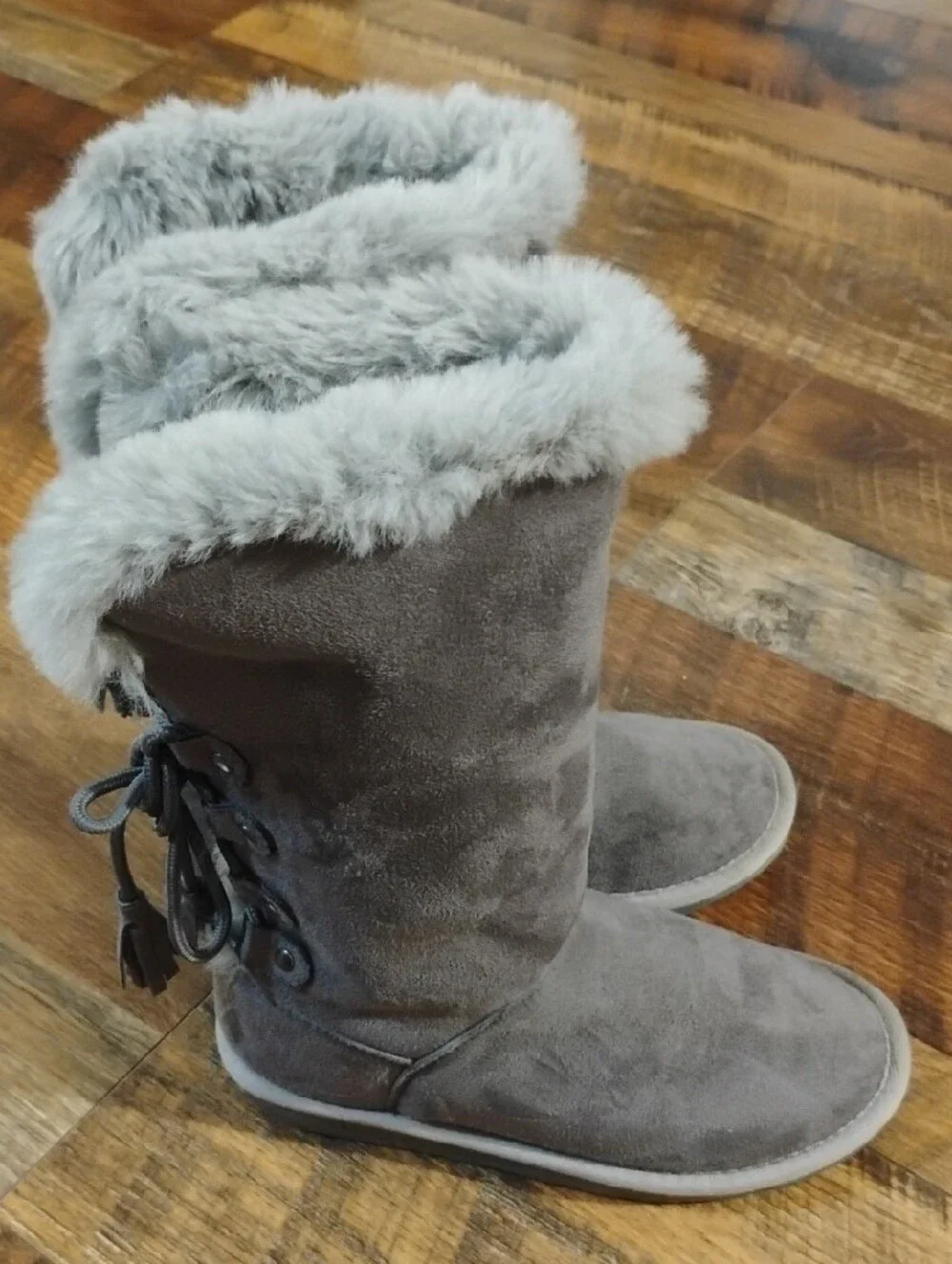 Girls 1M Rampage Gray Faux Suede Mid-Calf Winter Boots with Plush Fur Cuff